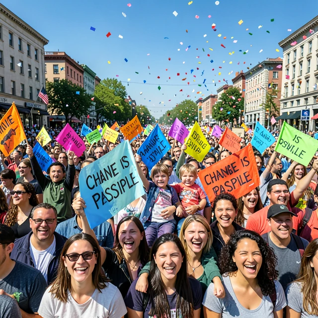 Crowd celebrating victory at a successful advocacy rally