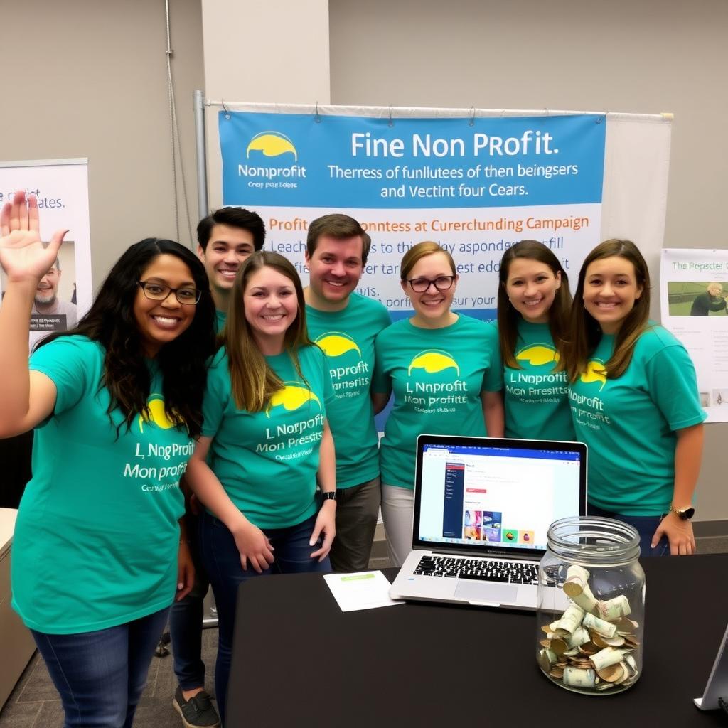 Volunteers in matching t-shirts at a fundraising booth with a laptop showing a crowdfunding campaign and a donation jar.