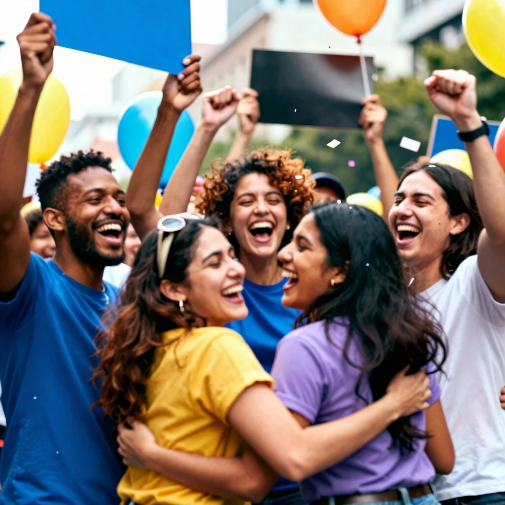 People celebrating success after an advocacy campaign victory