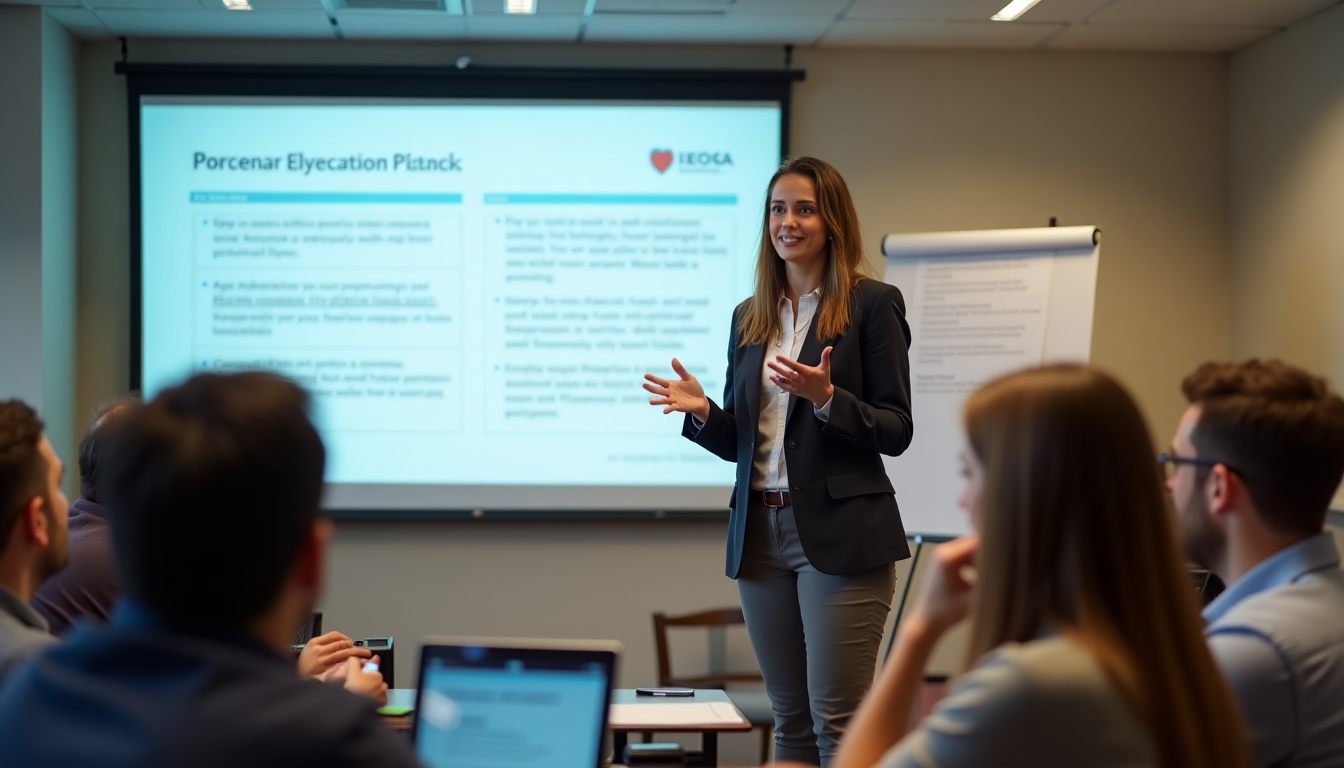 Volunteer presenting an advocacy campaign plan using a projector during a training