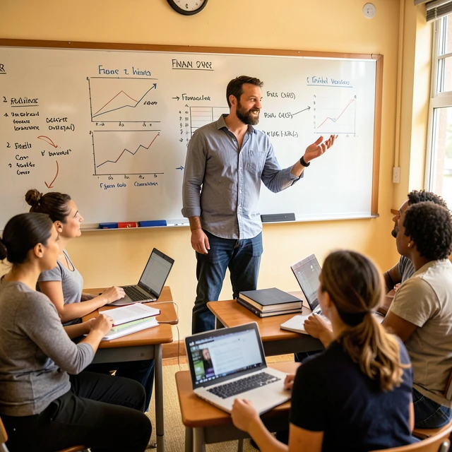Volunteer teaching financial skills in an education setting