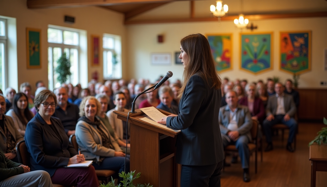 Woman sharing ideas at a town hall meeting.