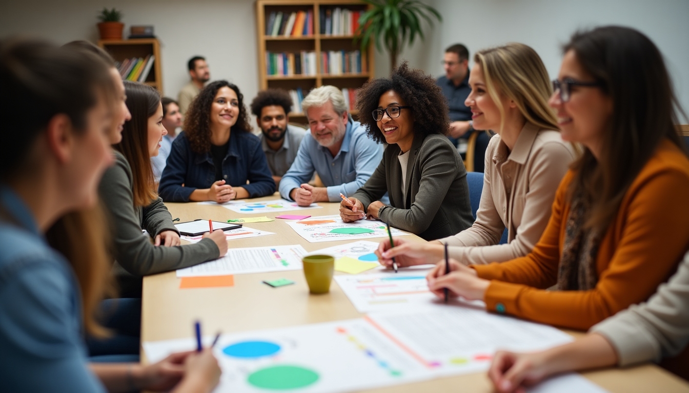 A group of people engaging in a lively discussion during a community meeting.