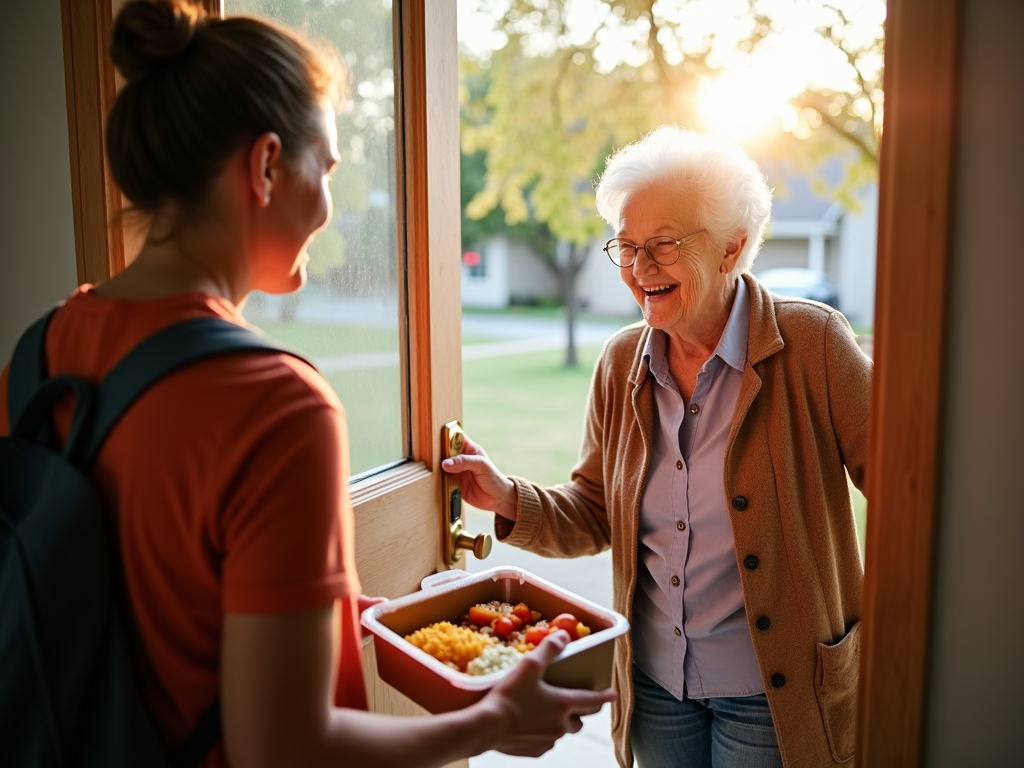 Volunteer delivering a meal to a senior