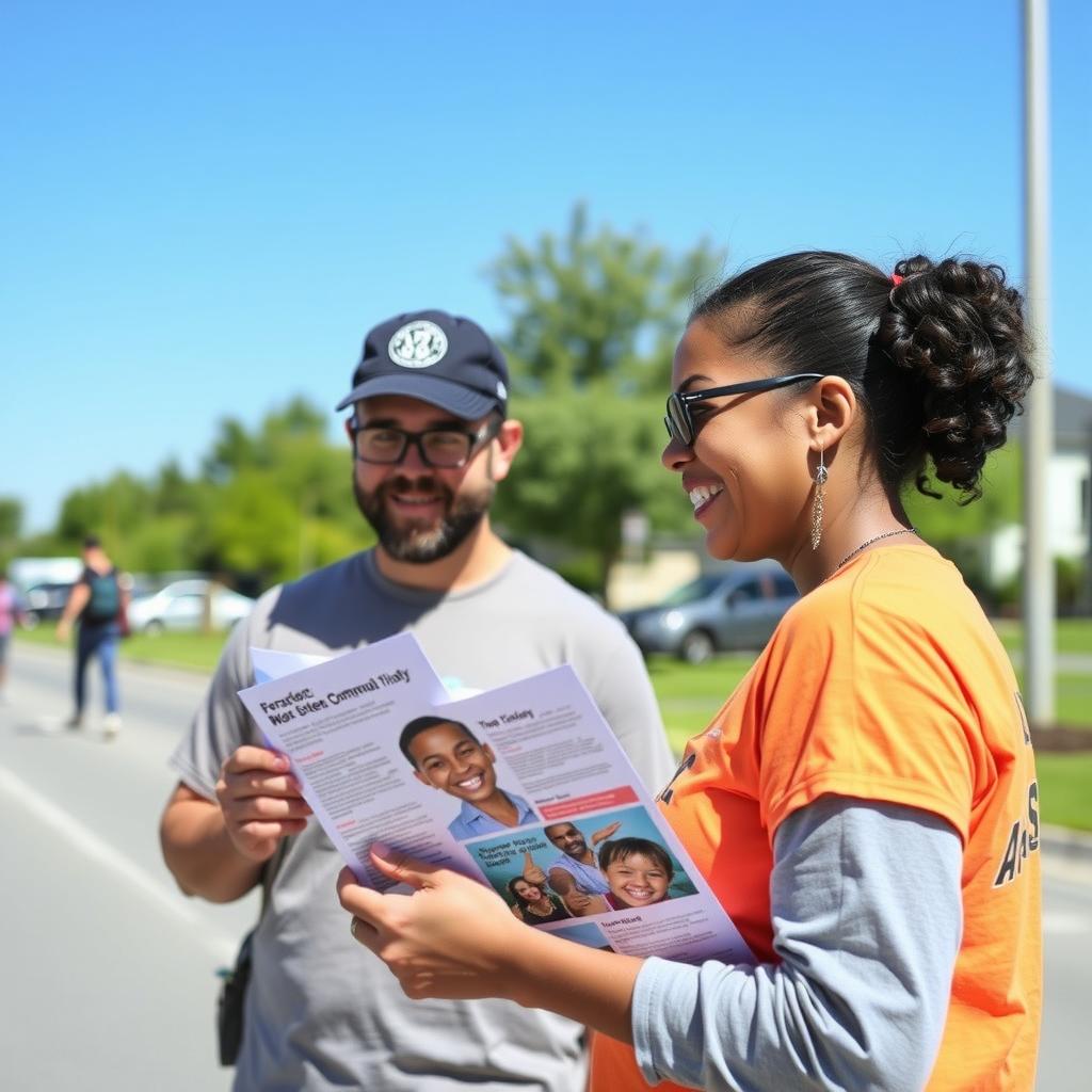 Volunteer handing out informational flyers in a public space.
