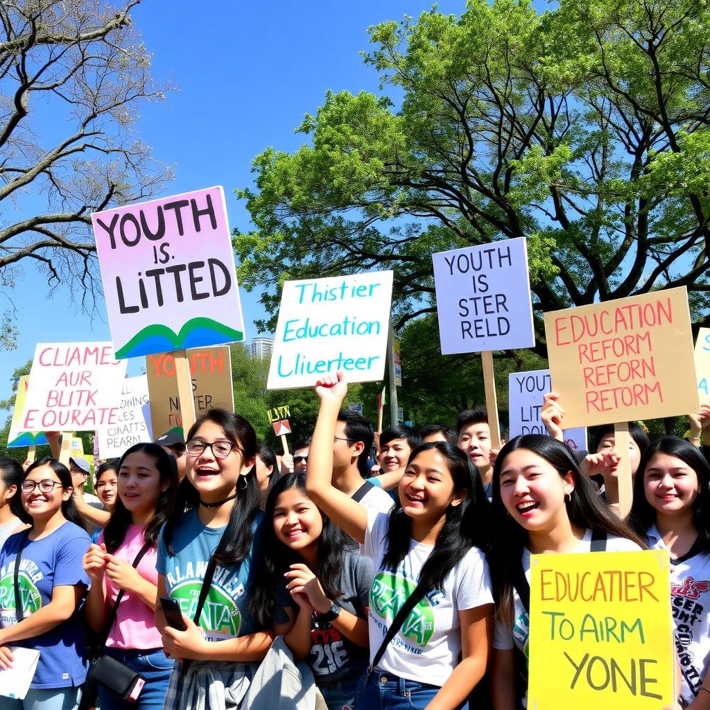 Young volunteers at a youth advocacy rally holding signs about climate change and education in an urban park.
