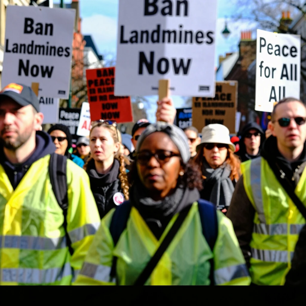 Peaceful protest march advocating for the ban on landmines