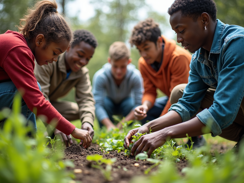 Students and community members working together on a community garden project.