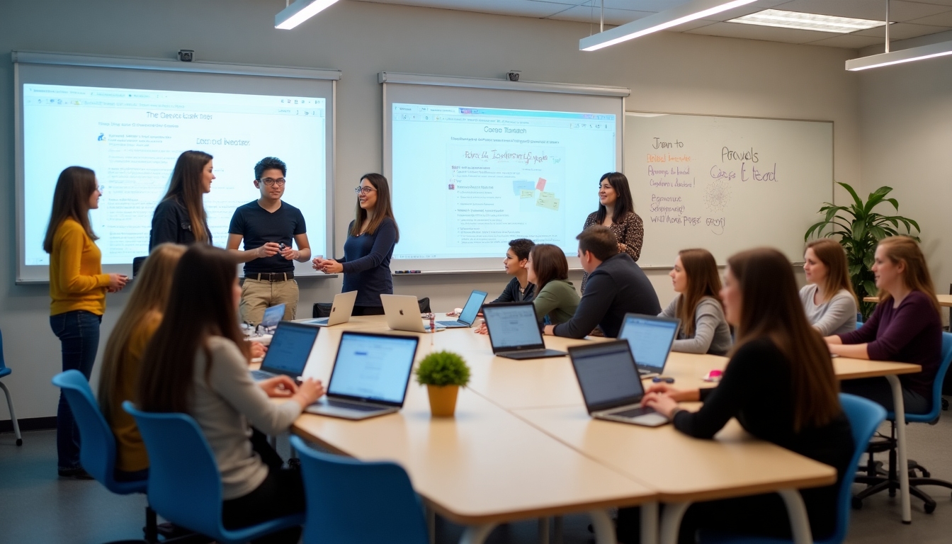 A futuristic classroom with digital tools for service learning projects.