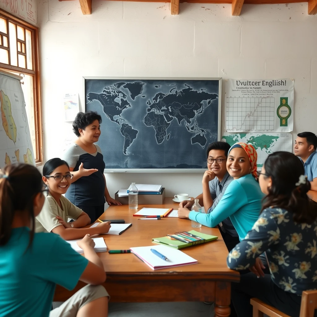Volunteer teaching language skills to local adults in a classroom