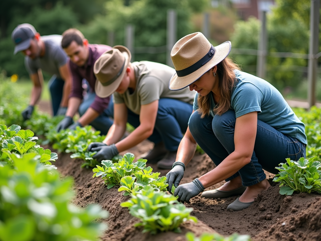 Volunteers tending to a community garden to combat food insecurity.