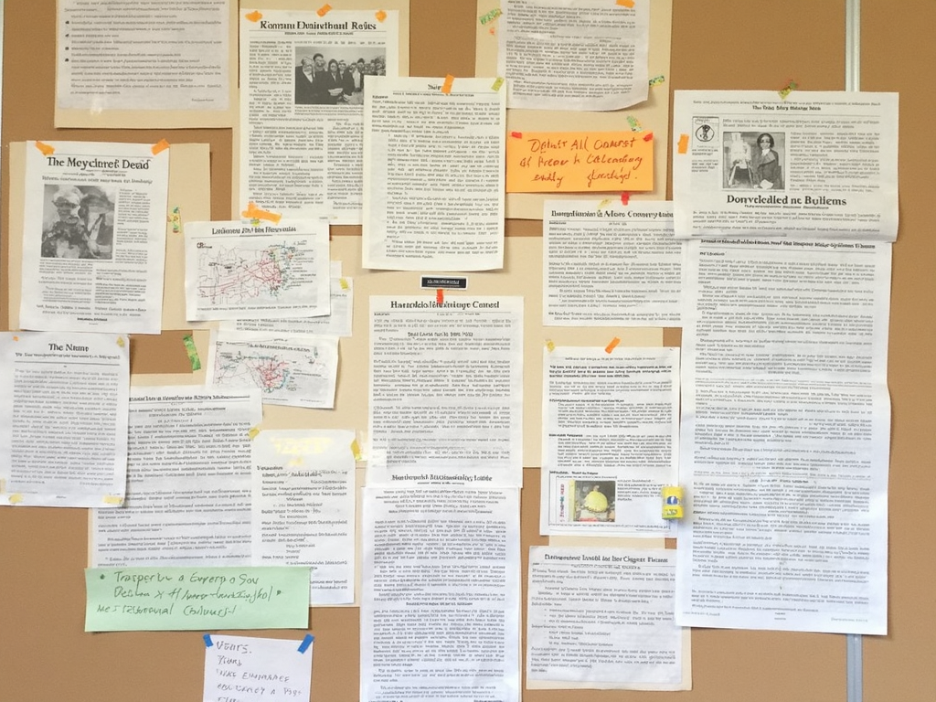 Research materials on a bulletin board