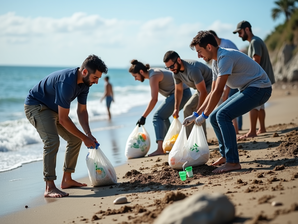 Volunteers cleaning up a beach on a sunny day