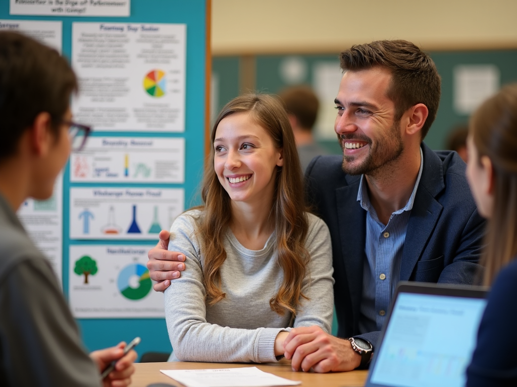 Student presenting science project with volunteer mentor