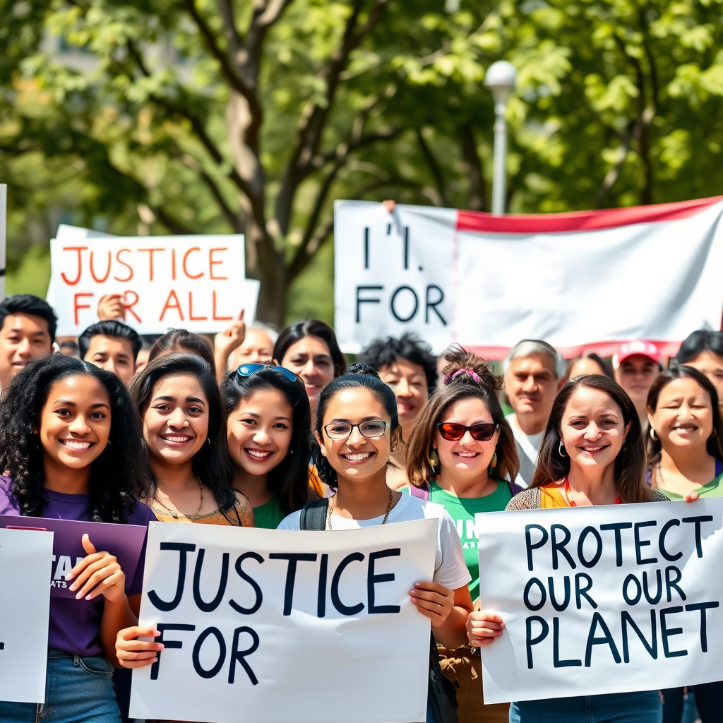 Diverse volunteers rallying for advocacy causes in a park