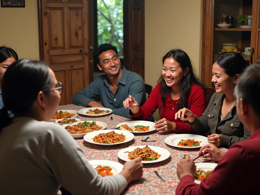 Volunteers and locals sharing a meal and cultural exchange