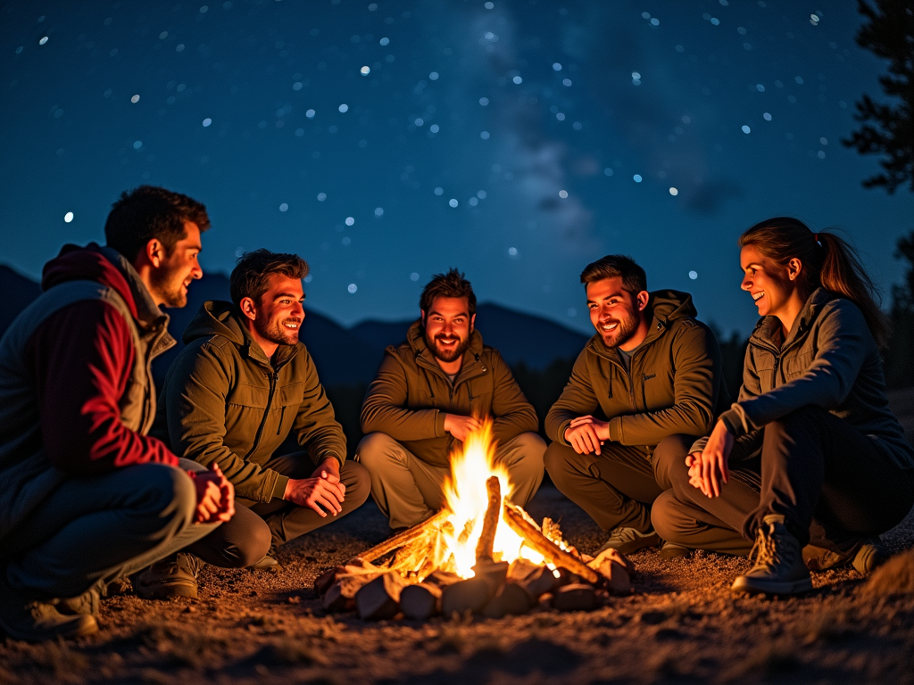 Volunteers bonding over a campfire