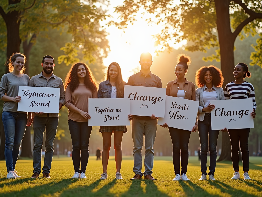 A diverse group holding advocacy signs in a sunny park.