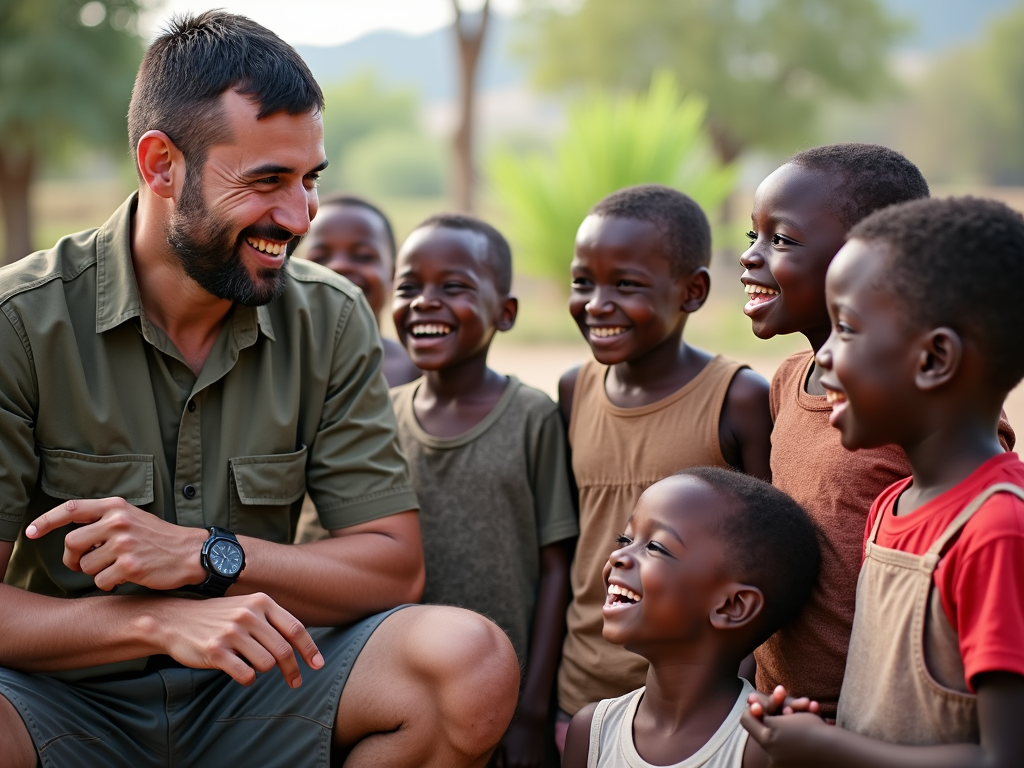 Volunteer practicing language with local children