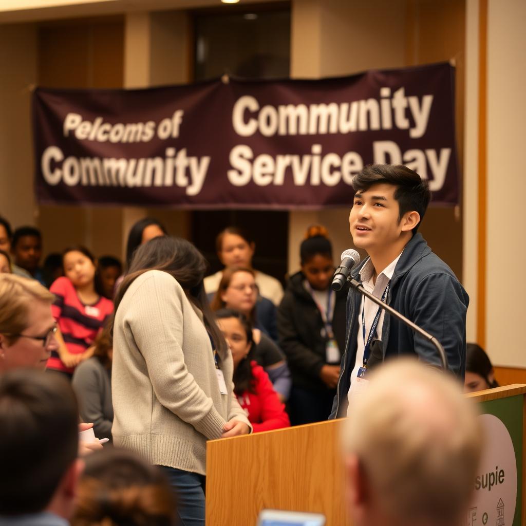 College student speaking at a community service event