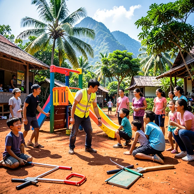 Volunteers building playground in Thai village during language immersion