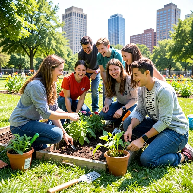 High school students working together on a community garden service learning project