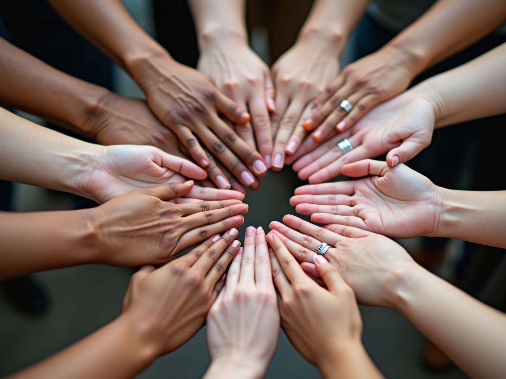 Diverse hands joined in a circle symbolizing unity.
