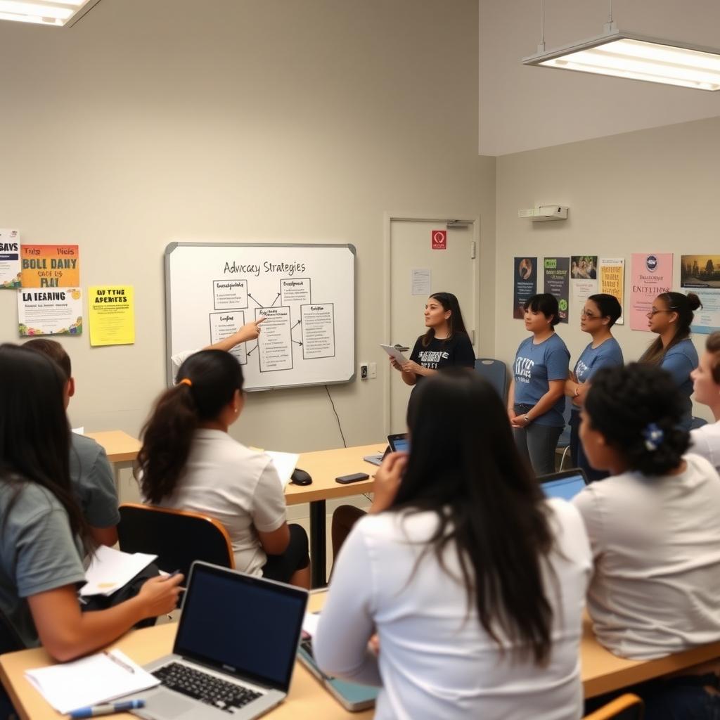Volunteers in a community center attending an advocacy training session with a facilitator at a whiteboard.