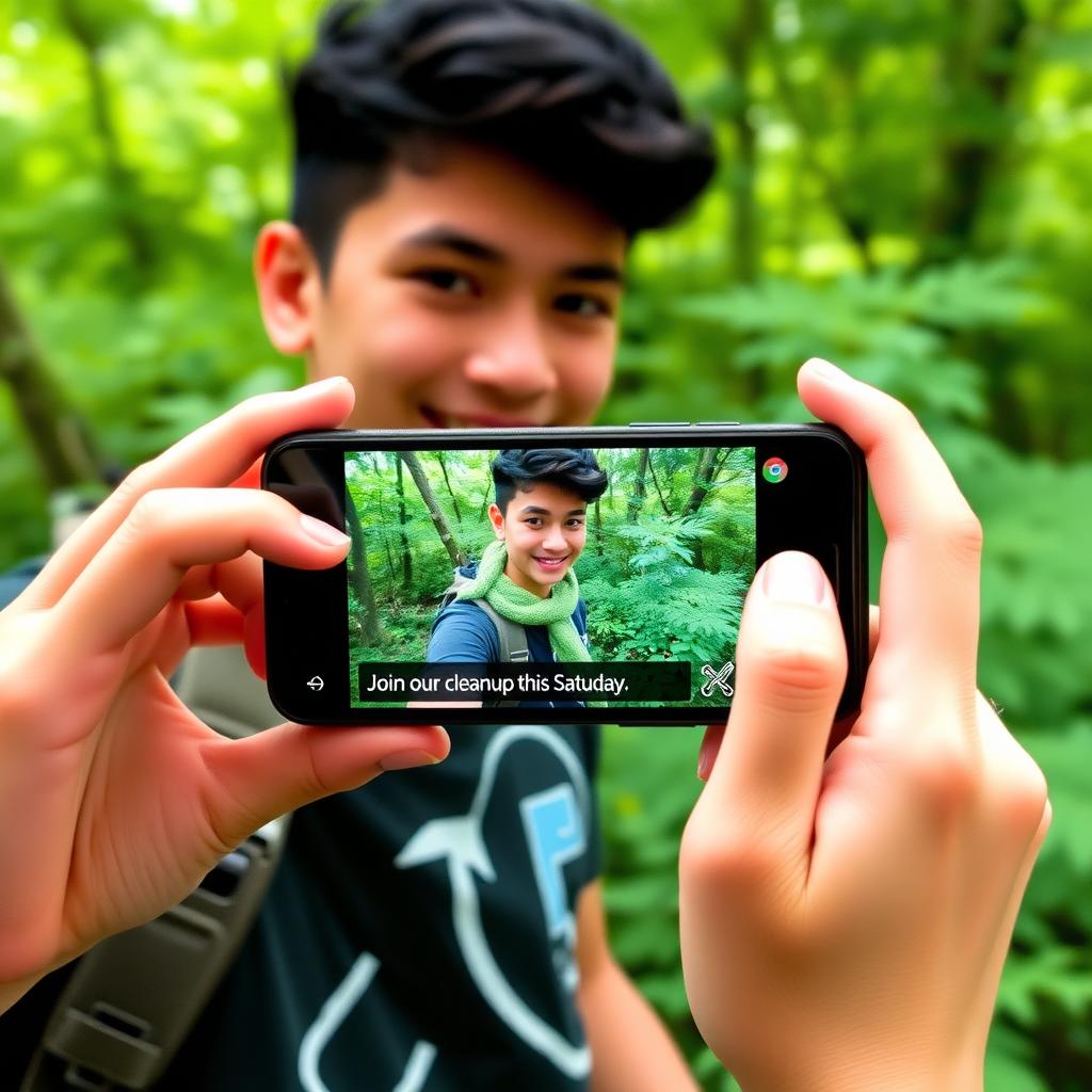 Young advocate posting about an environmental event on social media in a forest.