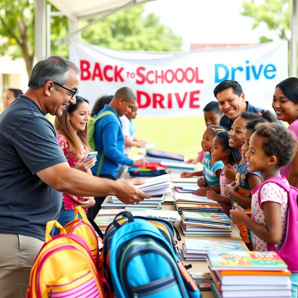 Volunteer distributing school supply kits at a community event.