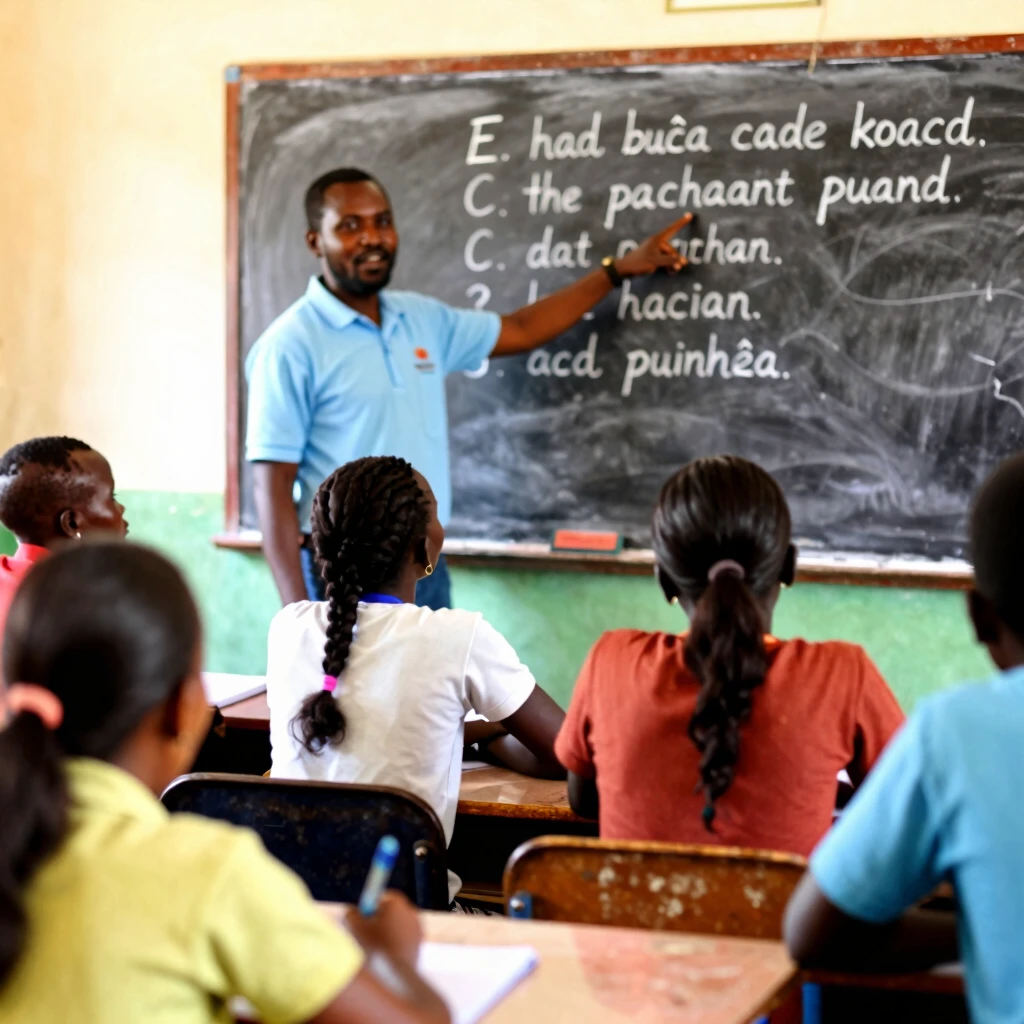 Peace Corps volunteer learning local language in classroom with host country nationals
