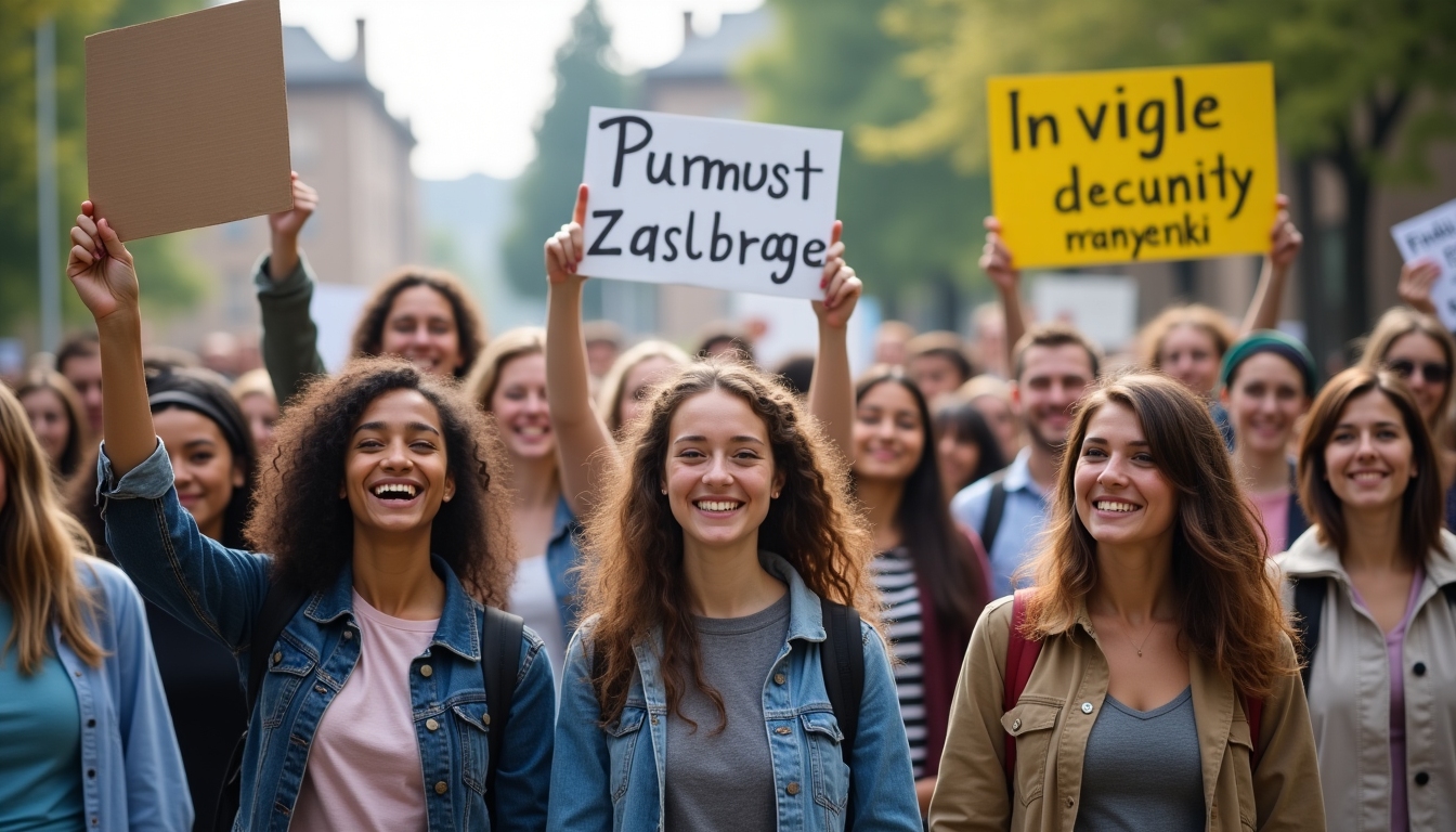 Students advocating for education reform, diverse group, energetic atmosphere.
