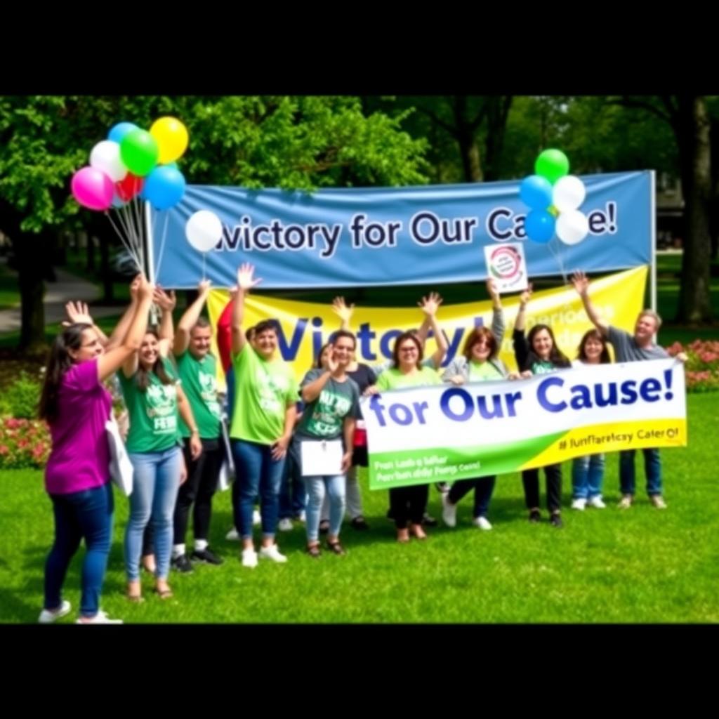 Volunteers celebrating a successful advocacy campaign in a park