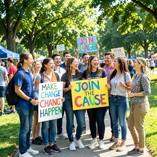 Diverse group of volunteers at an outdoor advocacy event engaging the community