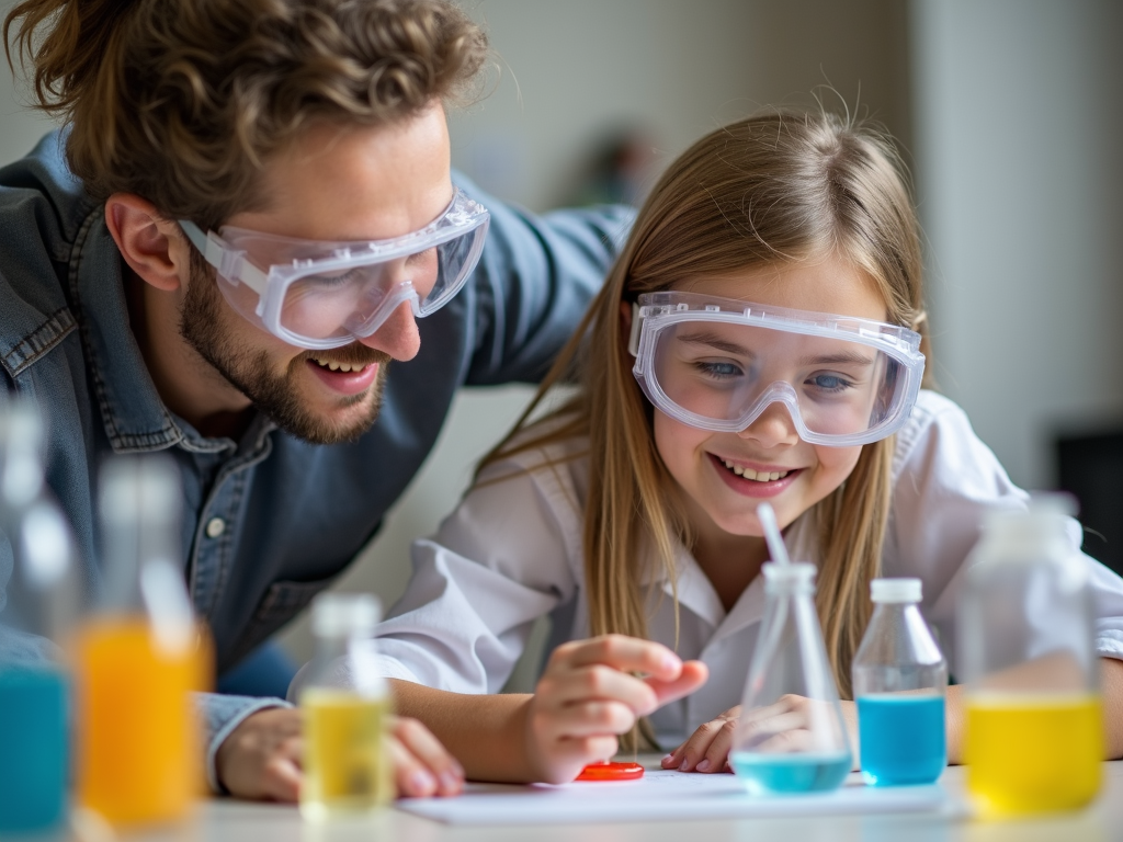 Volunteer assisting student with science project