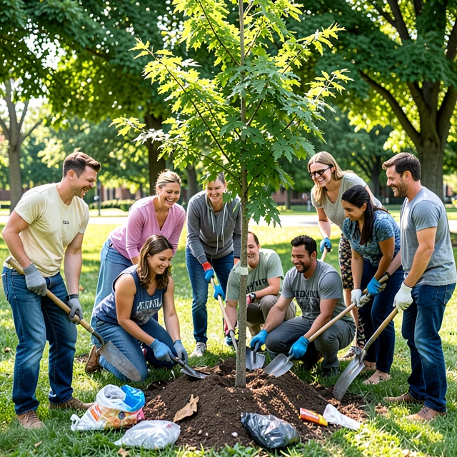 Diverse nonprofit volunteers working together on a community park cleanup and tree planting project