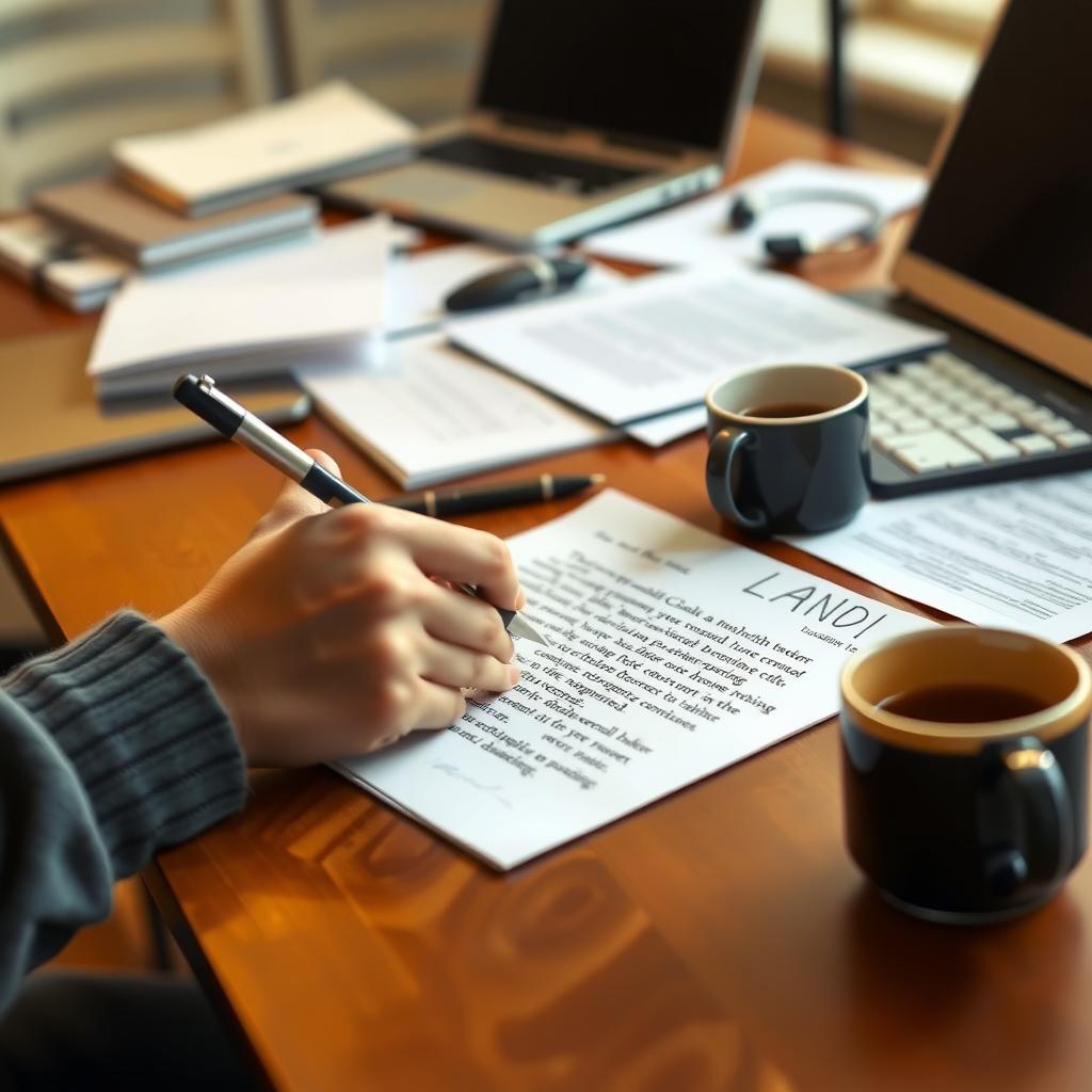 Volunteer’s hands writing a letter to a lawmaker, surrounded by papers and a coffee mug on a desk.