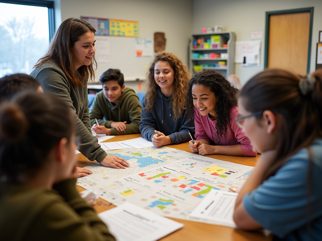 Teacher and students planning a service learning project together.