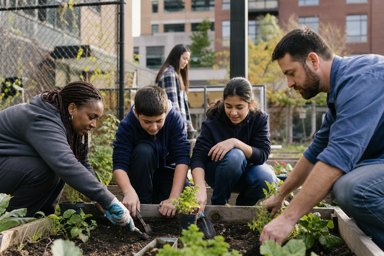 Community volunteers helping students in an urban service learning garden project