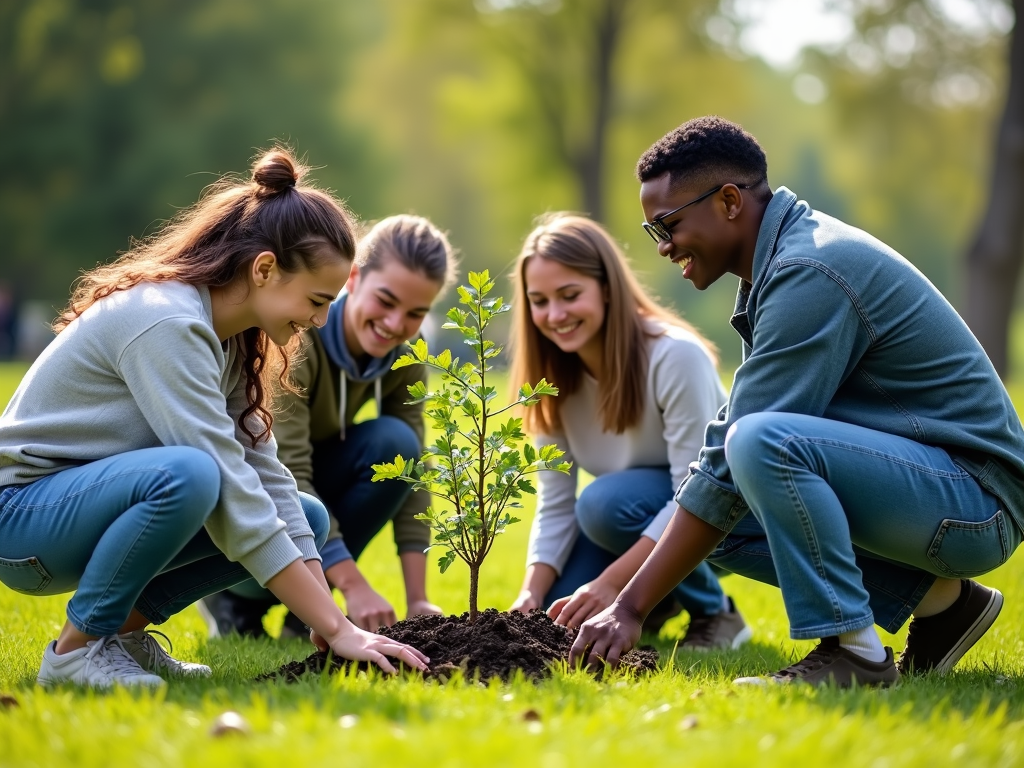 College students planting trees in a community park as part of a service learning project