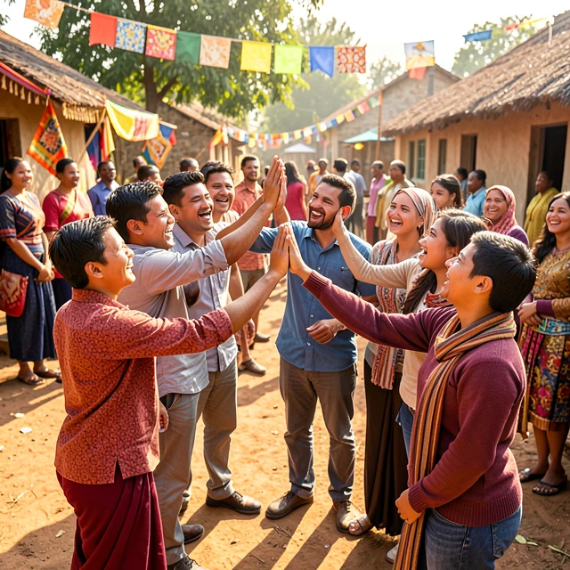 College students and locals celebrating volunteer project success abroad