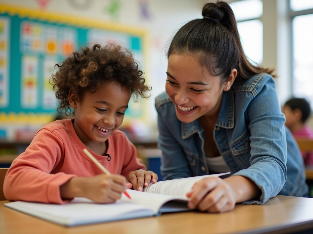 Volunteer tutoring a student in a supportive environment.