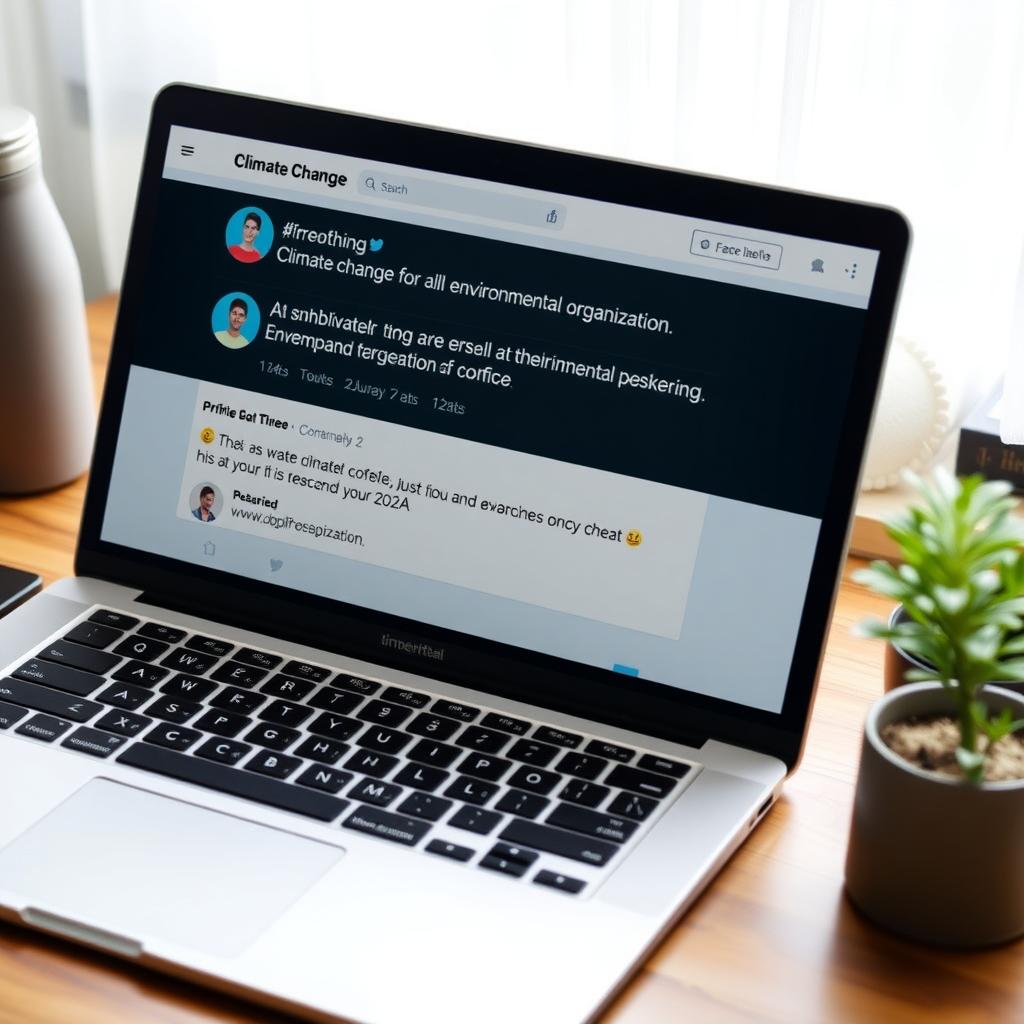 Laptop showing a Twitter thread on climate change, with a reusable water bottle and plant on a desk.