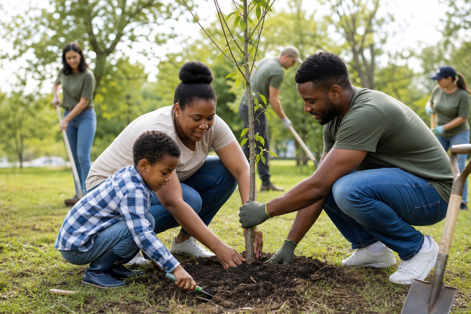 Family and volunteers planting trees in a community park symbolizing long-term positive change