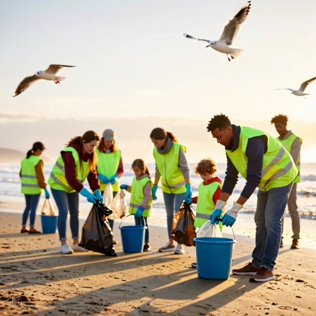 Group of volunteers conducting a beach cleanup at sunrise, highlighting pollution fight