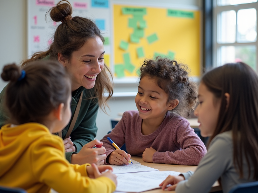 College students sitting at small desks with young kids, pointing at books and laughing together in a bright classroom.