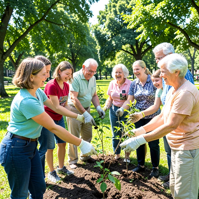 Youth and seniors plant trees in a community environmental service learning project
