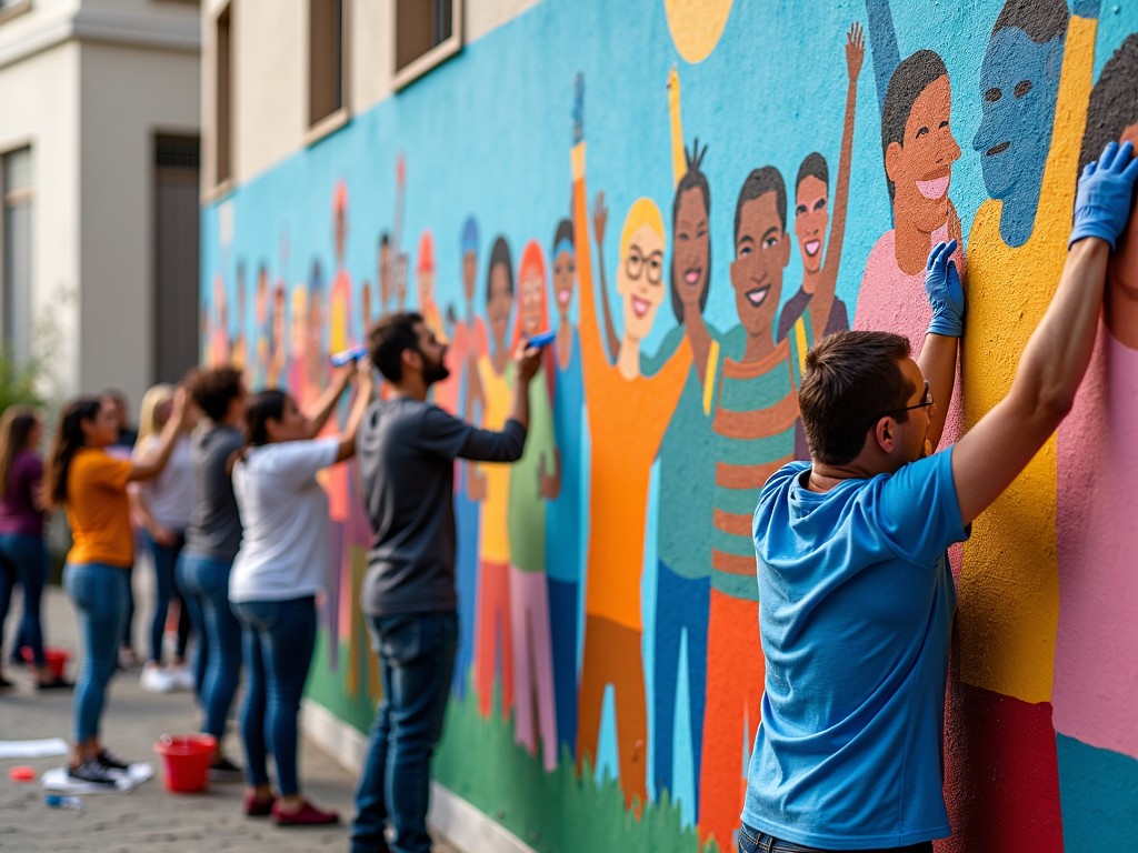 Volunteers painting a mural on a community wall.