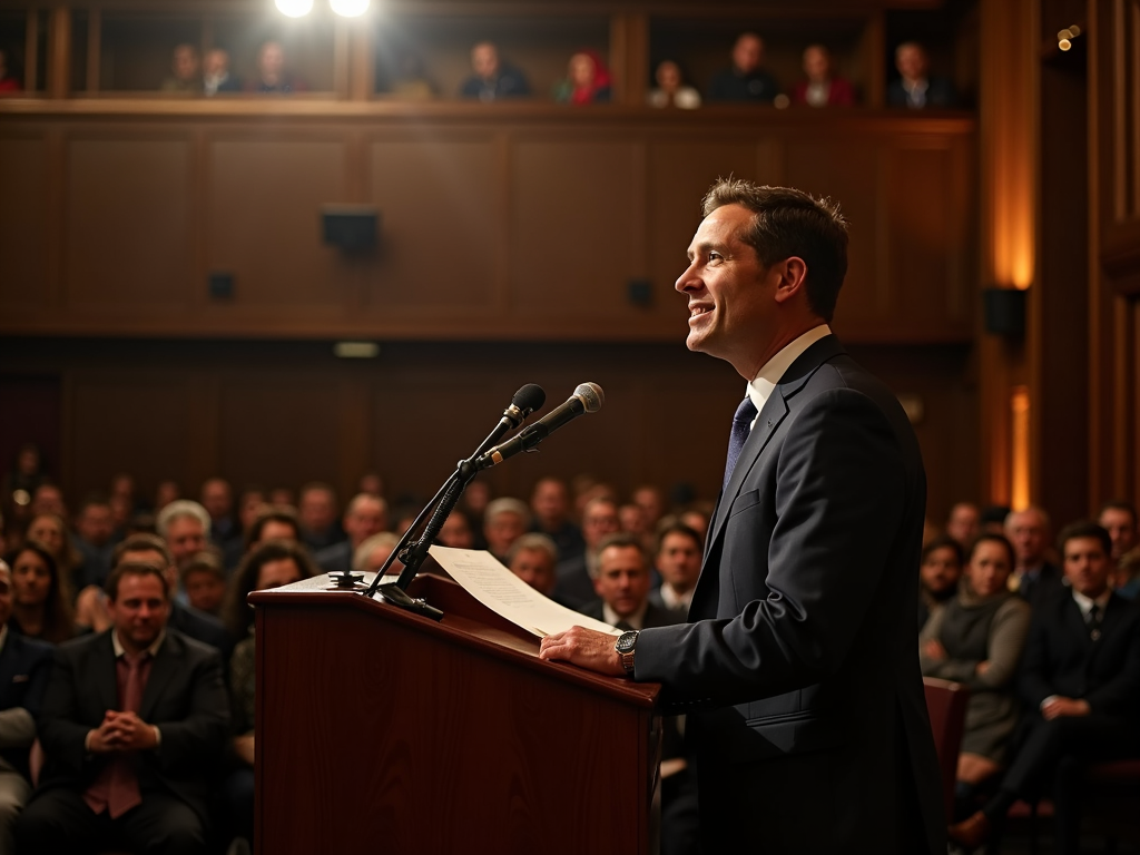 Volunteer speaking at a town hall