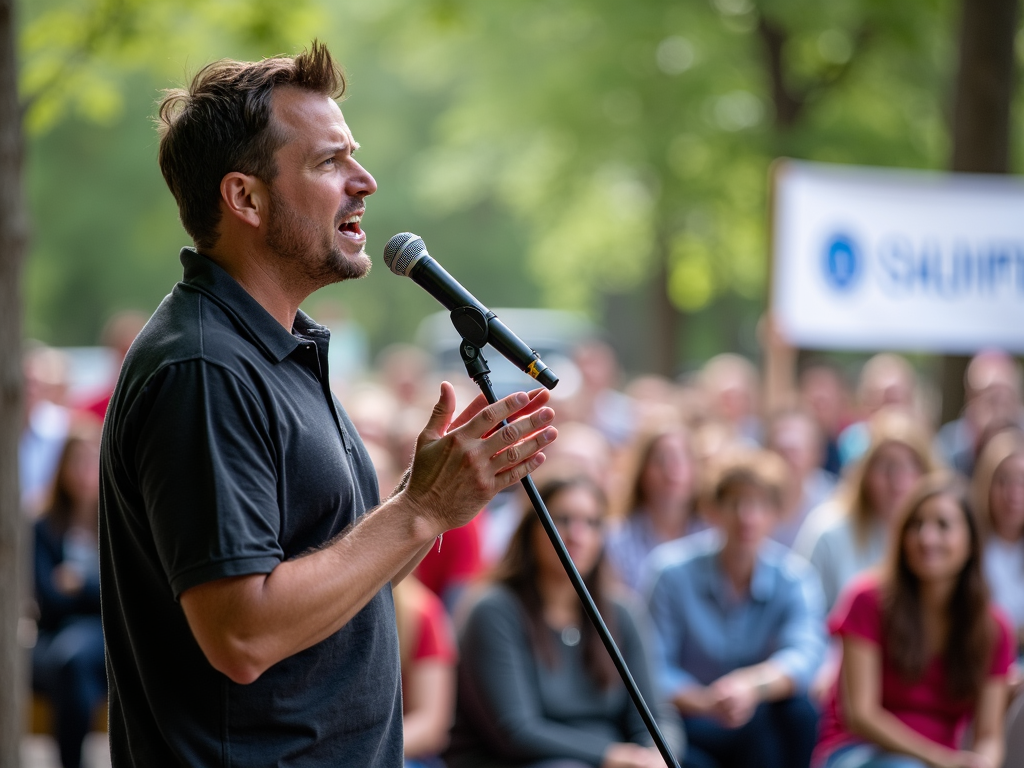 Volunteer speaking at a community event